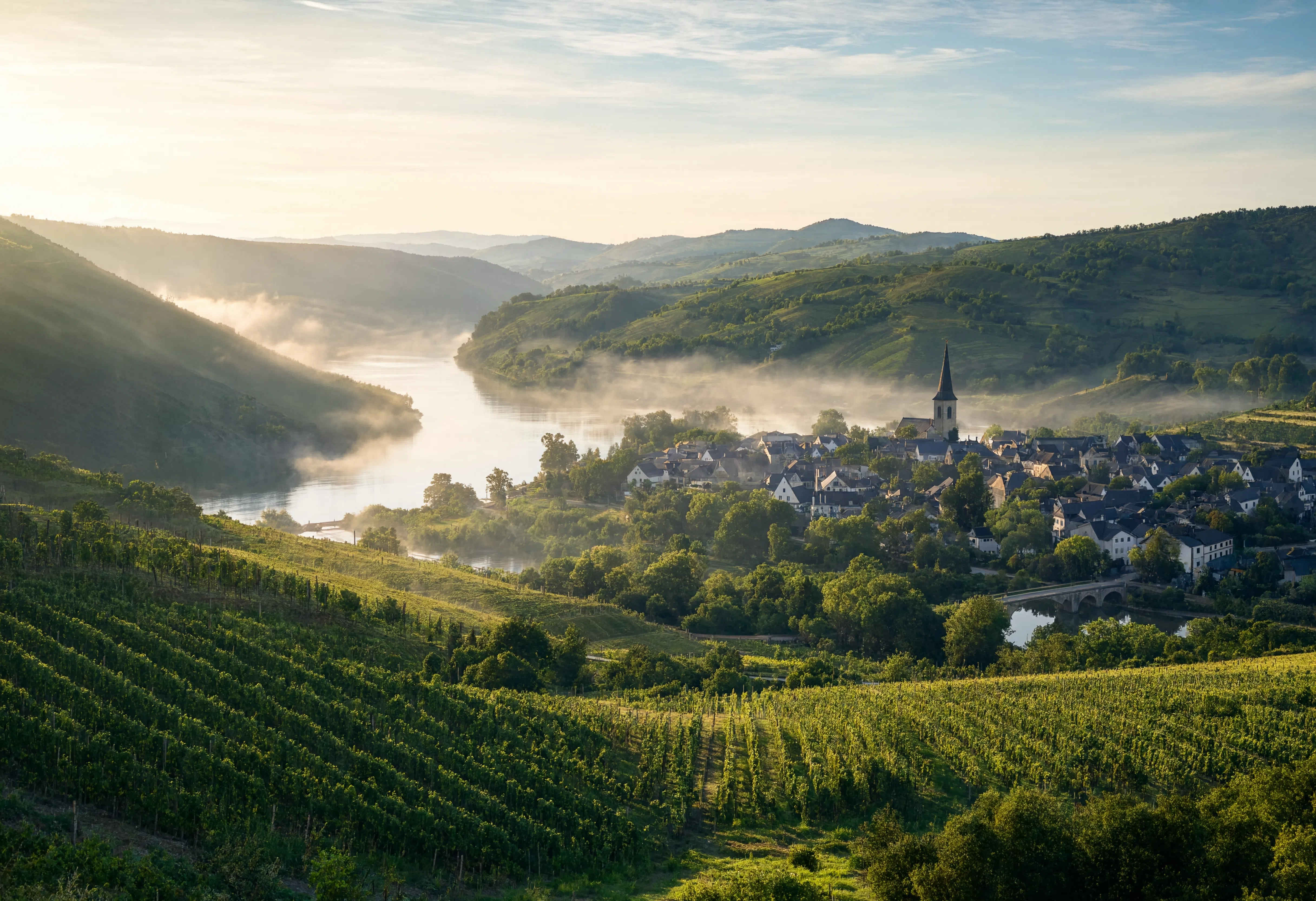 Morgennebel über dem Rheintal mit Weinbergen und historischen Dörfern