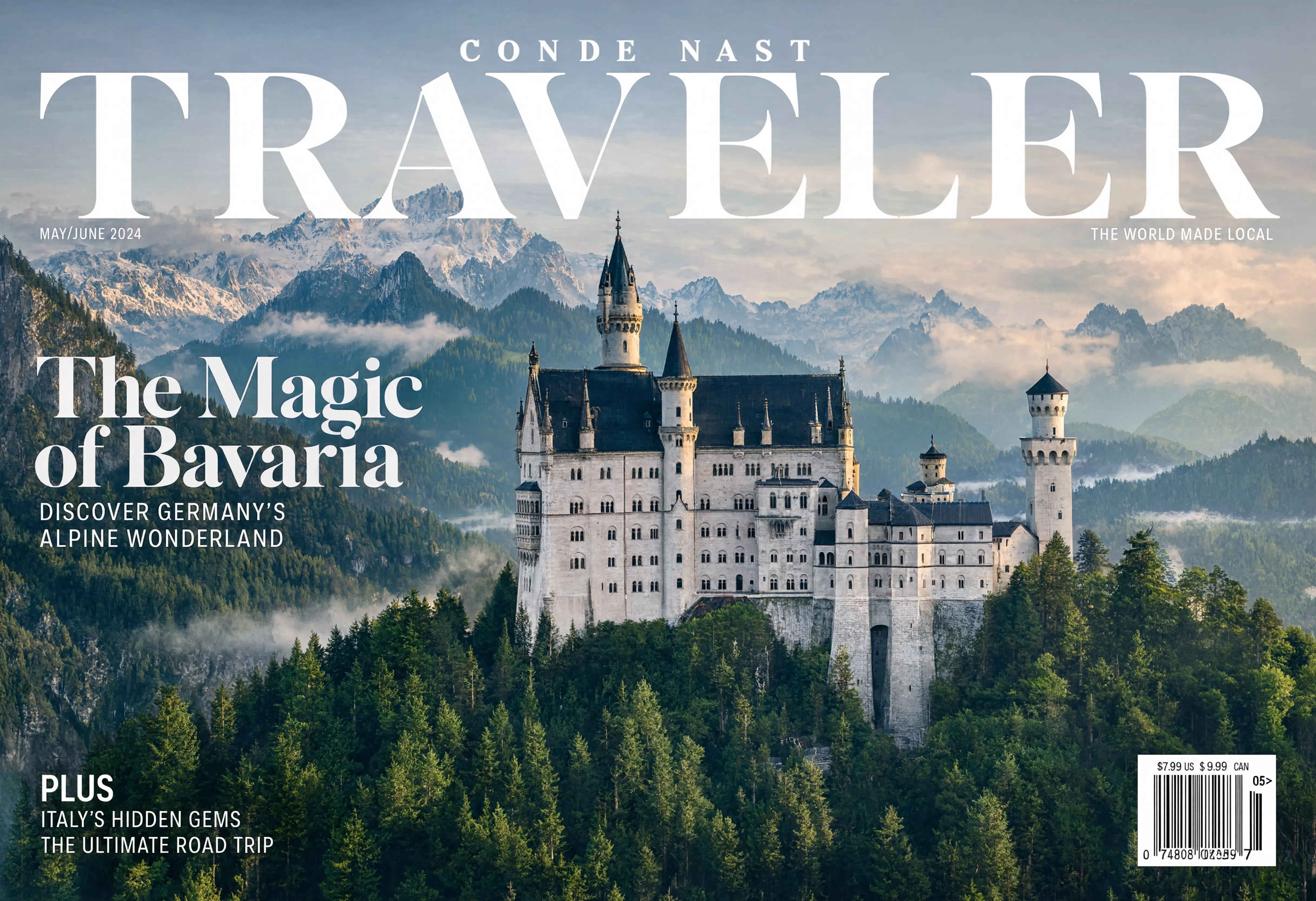 Neuschwanstein Castle umrahmt von Alpenwäldern und Morgennebel